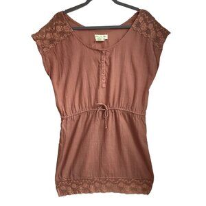 Staring at Stars Sz Medium Tunic Mini Dress Shoulder Lace Blush tan Gauze Boho